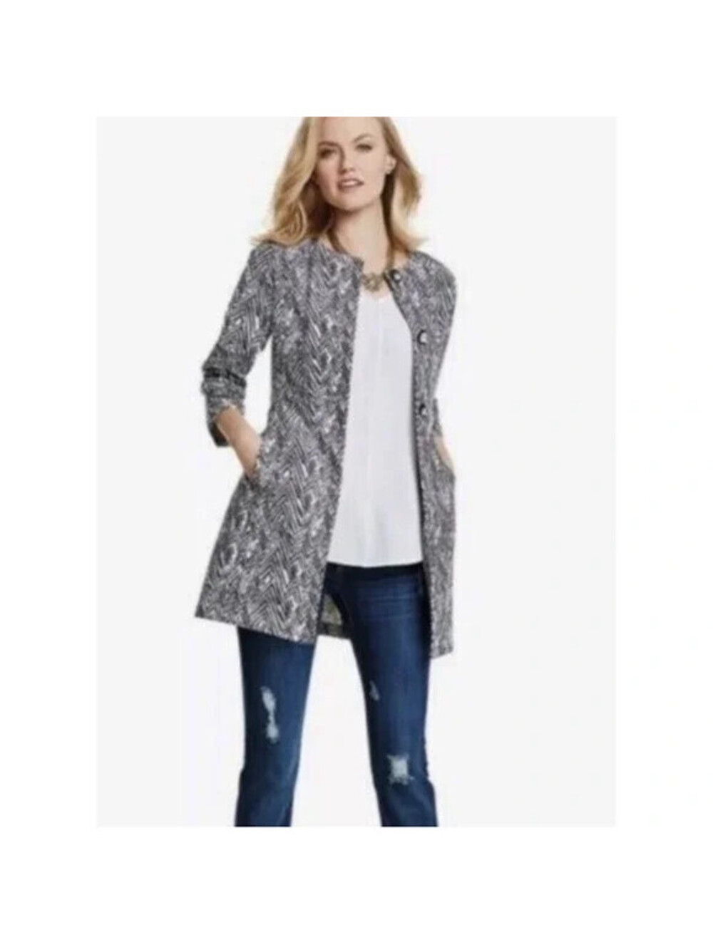 Cabi #3034 M Blk/Wht Ponte Knit Zig Zag Button Front Coat Jacket 3/4 Sleeve